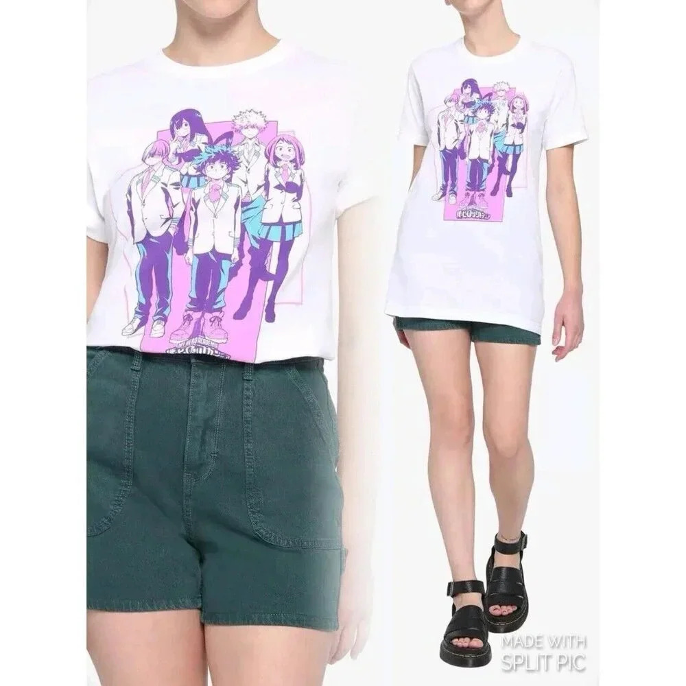 My Hero Academia Blue & Purple Group Boyfriend Fit Girls T-Shirt Size M 14345397